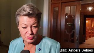 Sveriges EU-kommissionär Ylva Johansson direkt efter att hon pratat migrationspolitik med riksdagens utrikesutskott.