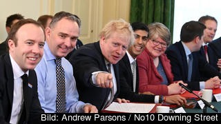 Storbritanniens premiärminister Boris Johnson omgärdad av sin regering. Arkivbild.