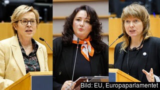 Polska parlamentsledamoten Jadwiga Wiśniewska (t.v), EU-kommissionären Helena Dallí (mitten) och svenska parlamentsledamoten Malin Björk (V) (t.v). Polska parlamentsledamoten Jadwiga Wiśniewska (t.v), EU-kommissionären Helena Dallí (mitten) och svenska parlamentsledamoten Malin Björk (V) (t.v).