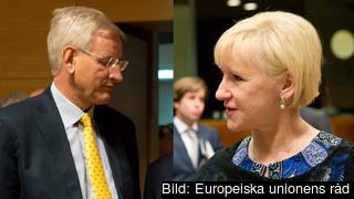 Sveriges utrikesministrar under 2014 Carl Bildt (M) och Margot Wallström (S). Arkivbilder. Sveriges utrikesministrar under 2014 Carl Bildt (M) och Margot Wallström (S). Arkivbilder.