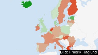 Förändring i antalet nyregistrerade bilar. I de rödfärgade länderna minskade nyregistreringen och i de gröna ökade den. Förändring i antalet nyregistrerade bilar. I de rödfärgade länderna minskade nyregistreringen och i de gröna ökade den.