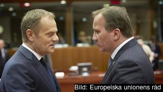 Europeiska rådets ordförande Donald Tusk i samspråk med statsminister Stefan Löfven. Arkivbild.