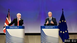 Brexitförhandlarna David Davis och Michel Barnier på den senaste förhandlingsrundan i Bryssel. Arkivbild. Brexitförhandlarna David Davis och Michel Barnier på den senaste förhandlingsrundan i Bryssel. Arkivbild.