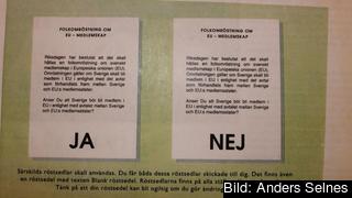 Röstsedlar i folkomröstningen om EU. Bild tagen ur broschyr från riksskatteverket som delades ut till alla hushåll i oktober 1994. 