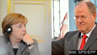 Förbundskansler Angela Merkel och socialdemokratiske förbundskanslerkandidaten Peer Steinbrück väntas förhandla om en ny storkoalition. Arkivbild.