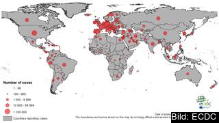 Antal rapporterade smittade i av covid-19 per land, den 16 april 2020, sammanställt av Europeiska centrumet för förebyggande och kontroll av sjukdomar (ECDC).  