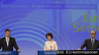 EU-kommissionärer Valdis Dombrovskis, Marianne Thyssen och Pierre Moscovici. 