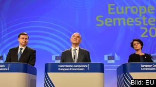 EU-kommissionärer Valdis Dombrovskis, Pierre Moscovici och Marianne Thyssen.