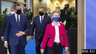 Polens premiärminister Mateusz Morawiecki, Ungerns premiärminister Viktor Orbán och EU-kommissionens ordförande Ursula von der Leyen. Arkivbild. Polens premiärminister Mateusz Morawiecki, Ungerns premiärminister Viktor Orbán och EU-kommissionens ordförande Ursula von der Leyen. Arkivbild.