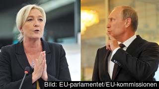 Nationella frontens ledare Marine Le Pen och Rysslands president Vladimir Putin. Arkivbild. Nationella frontens ledare Marine Le Pen och Rysslands president Vladimir Putin. Arkivbild.