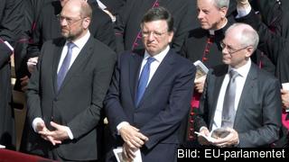 De tre största EU-institutionernas ledare: Martin Schulz, José Manuel Barroso och Herman Van Rompuy. Arkivbild. De tre största EU-institutionernas ledare: Martin Schulz, José Manuel Barroso och Herman Van Rompuy. Arkivbild.